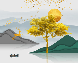 抽象金色山水发财树电表箱晶瓷画