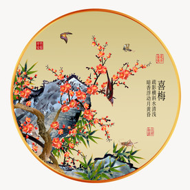 原创圆型梅花喜鹊喜梅装饰画