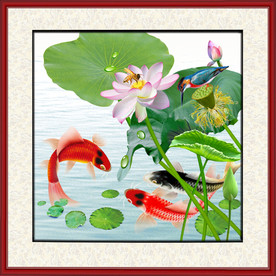 原创高清荷花鲤鱼装饰画壁画
