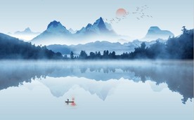 新中式蓝色水墨山水风景背景墙