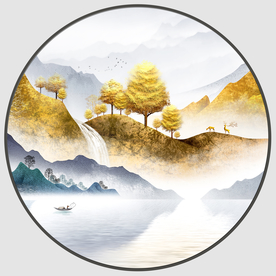 金色山水圆形山水画