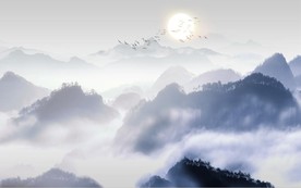 新中式蓝色水墨山水风景背景墙