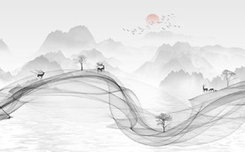 新中式抽象水墨麋鹿山水背景墙