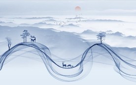 新中式抽象水墨麋鹿山水背景墙