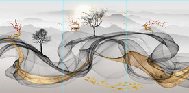 新中式抽象飘带山水麋鹿装饰画