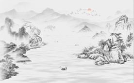 新中式古代水墨山水国画壁画