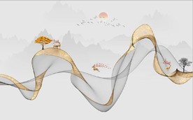 新中式抽象金色水墨山水背景墙