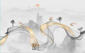 新中式抽象金色水墨山水背景墙