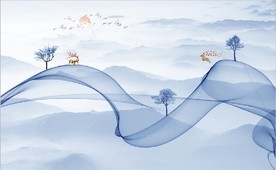 新中式抽象水墨麋鹿山水背景墙