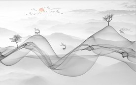 新中式抽象水墨麋鹿山水背景墙