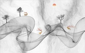 新中式抽象水墨麋鹿山水背景墙