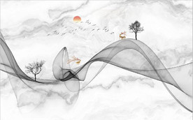 新中式抽象水墨麋鹿山水背景墙