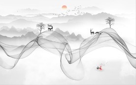 新中式抽象水墨麋鹿山水背景墙