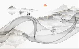 新中式抽象水墨麋鹿山水背景墙