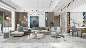 现代客餐厅，沙发茶几组合，餐桌