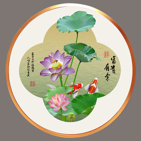 高清荷花鲤鱼圆型装饰画