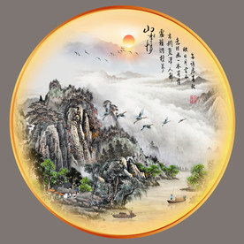 圆型水墨山水装饰画
