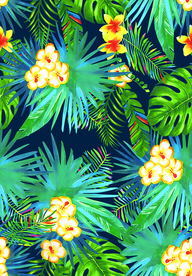 蓝底绿叶子黄花