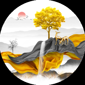 圆形装饰画 金色山水