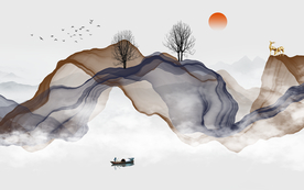 新中式水墨烟雾山水壁画背景墙