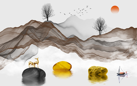 石来运转麋鹿山水背景墙