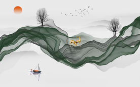 中式意境水墨山水麋鹿发财树背景