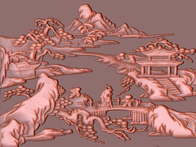 浮雕古代山水楼阁风景背景墙