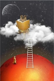 抽象太空看书的猫儿童房装饰画