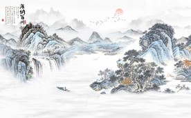 新中式水墨古代山水国画背景墙