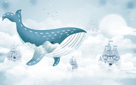 卡通手绘鲸鱼城堡儿童房背景墙