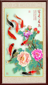 高清手绘牡丹鲤鱼玄关装饰画
