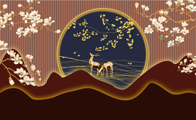 新中式屏风木纹花鸟麋鹿工装背景