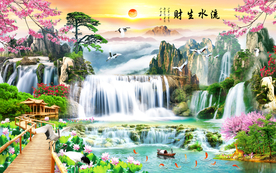 流水生财山水背景墙装饰画