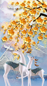 麋鹿发财树玄关装饰画