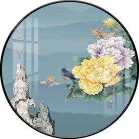 新中式手绘牡丹花鸟圆形装饰画图