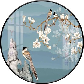 新中式圆形玉兰花鸟工笔画背景图