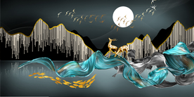 线条山水麋鹿三联画玄关