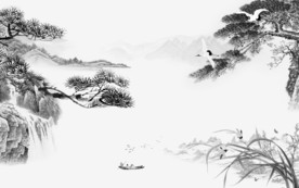 松树山水画电视墙 文件分层画