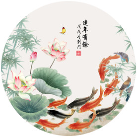中式荷花九鱼装饰画