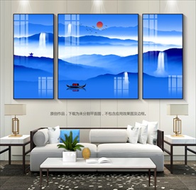 新中式蓝色山水画意境山水画