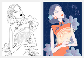 旗袍人物花卉插画