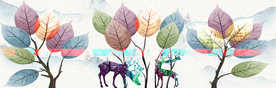 麋鹿树叶三联画