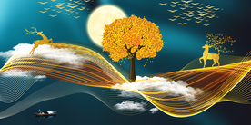 飘带麋鹿发财树三联画玄关