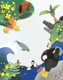 唯美插画 鲸鱼潜水 花朵