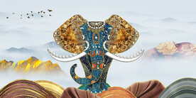 大象山水三联画晶瓷画装饰画