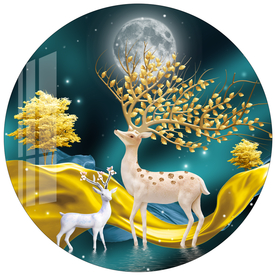 麋鹿发财树金色轻奢圆形装饰画