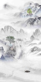 新中式山水大理石复式楼玄关壁画