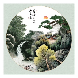 水墨山水小船松树背景墙图片