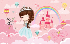 卡通城堡公主热气球电视背景墙