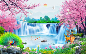 樱花树流水生财风景背景墙